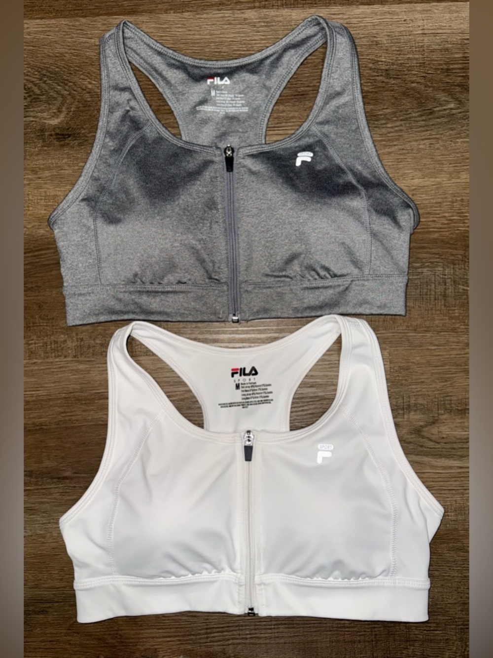 FILA Women's Front-Zip Sports Bra - Gray & White. Set of 2. Size Medium.